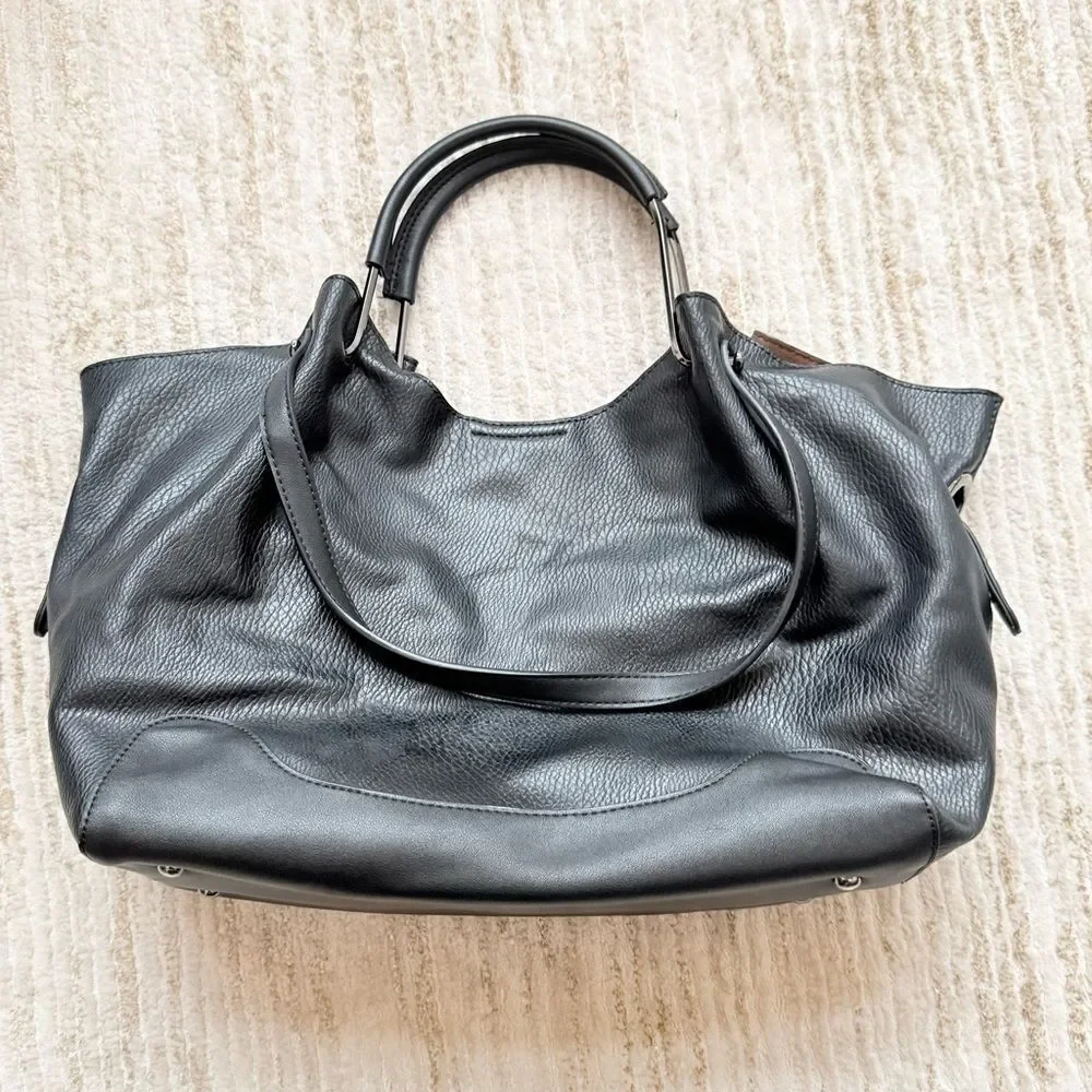 Sondra Roberts SQUARED Black Leather Double Handle Slouchy Shoulder Bag Purse